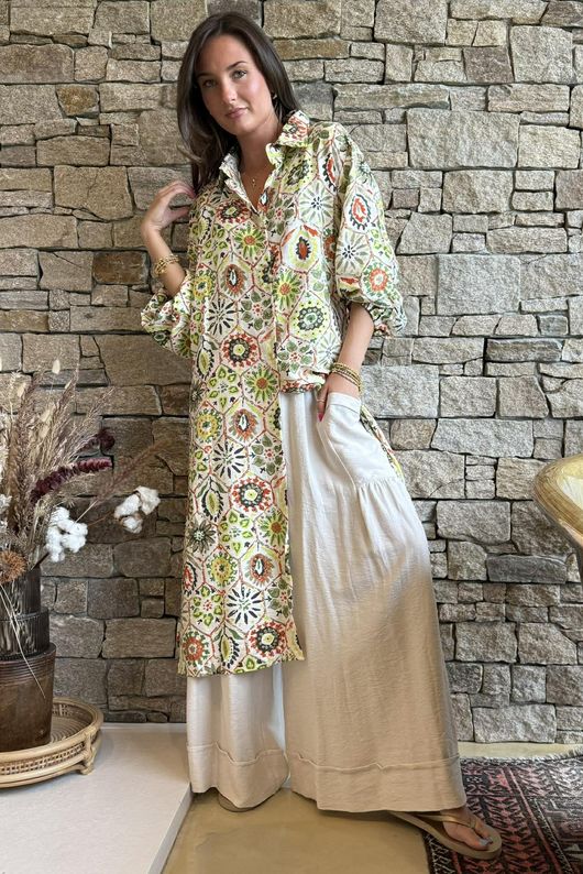 Riad Nights Longline Belted Duster Shirt Green